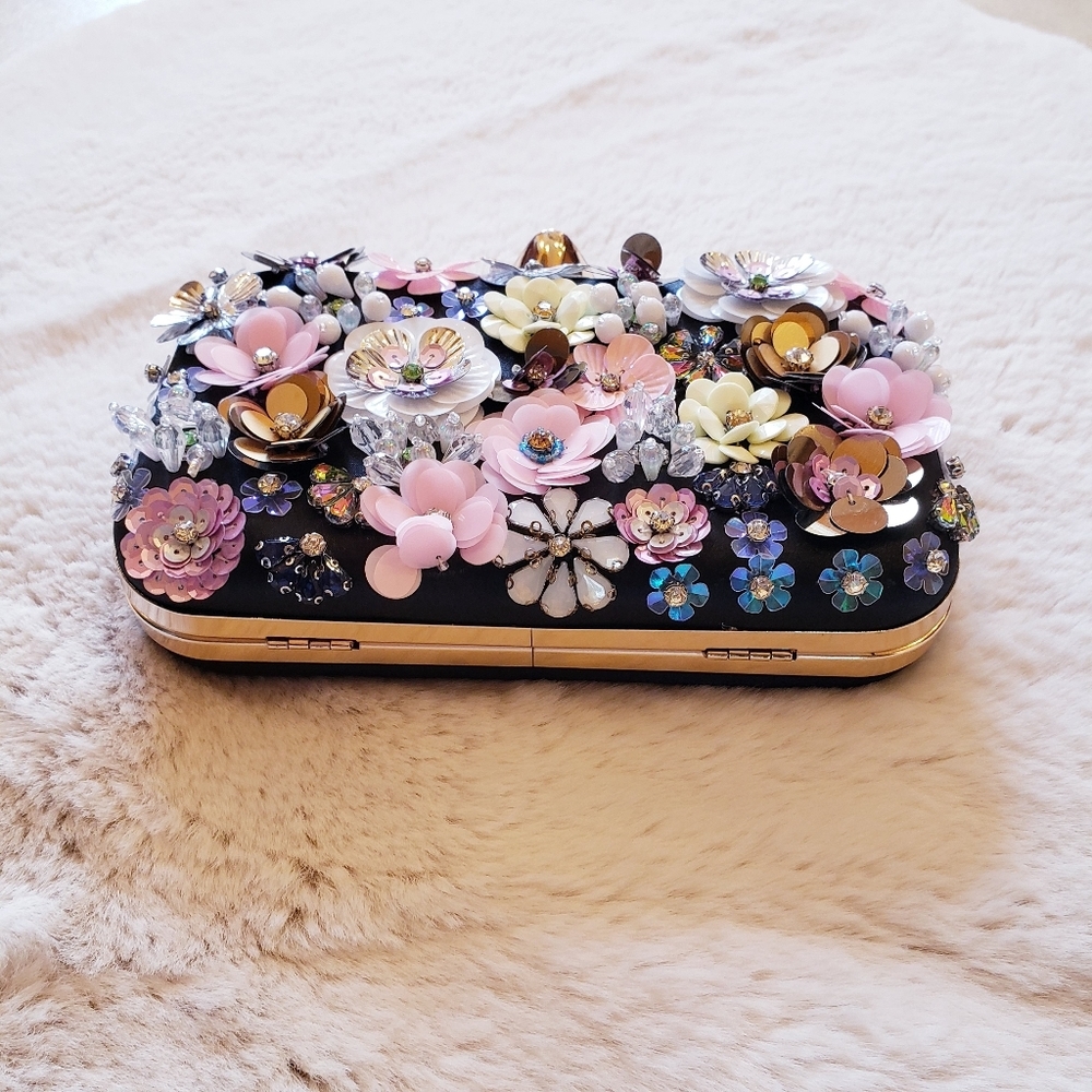 Women's Evening Bag Flower Party Prom Clutch Purse Floral Bride Black Handbag - Picture 11 of 16